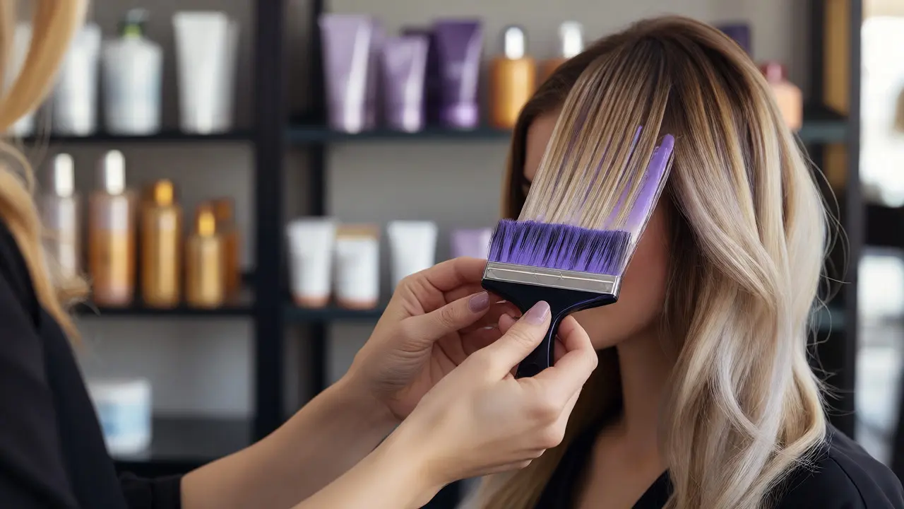 Stylist applying violet toner to shiny blonde hair in a professional salon setting.