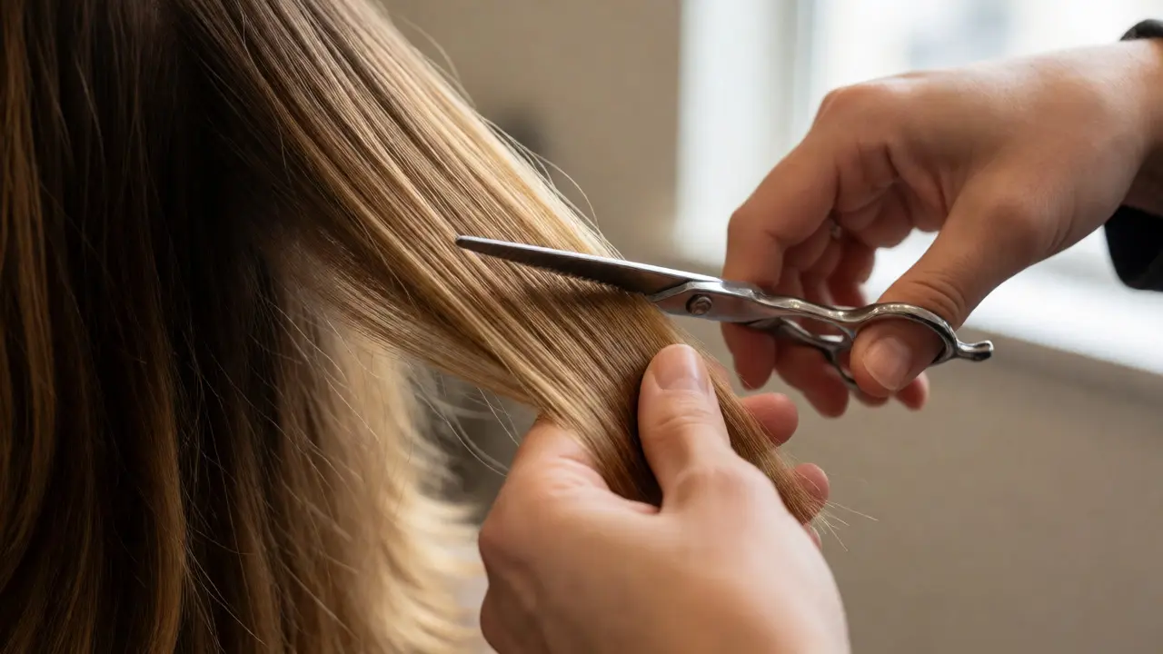 Stylist using point-cutting technique to soften hair ends for better blending.
