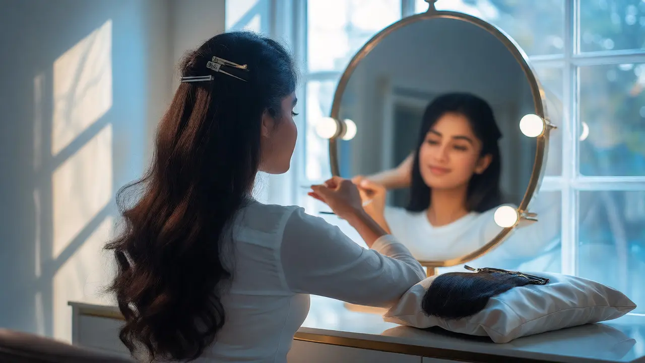 Woman applying clip-in hair extensions in a sunlit room