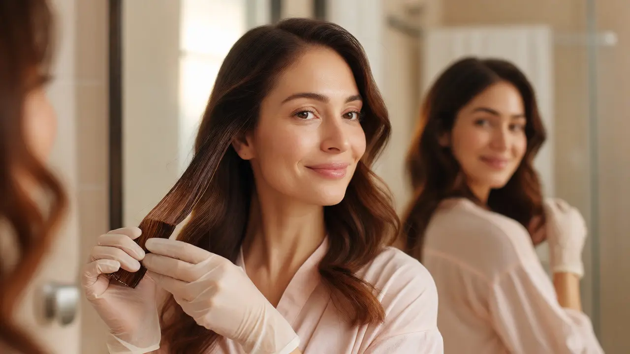 Woman applying hair color gloss to her ends in a bathroom