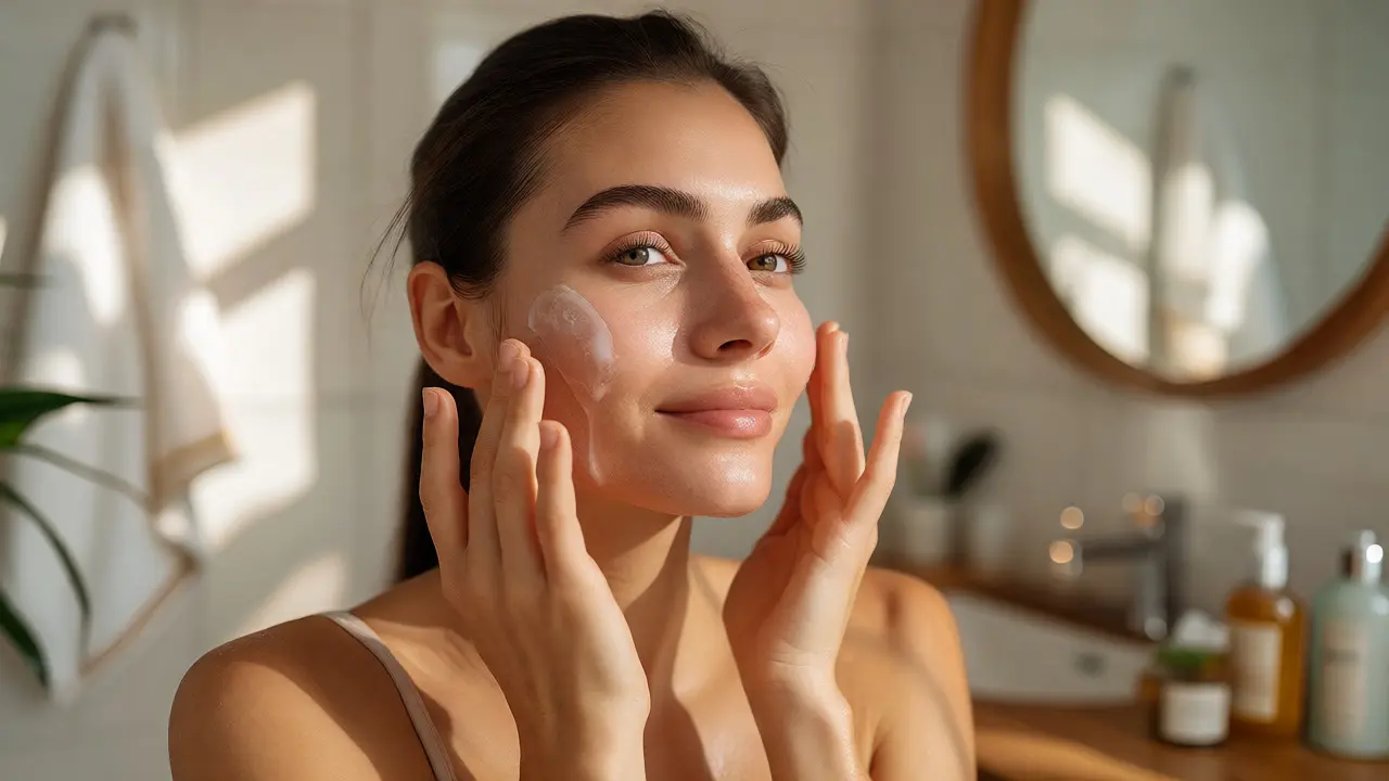 Woman applying soothing gel after facial threading