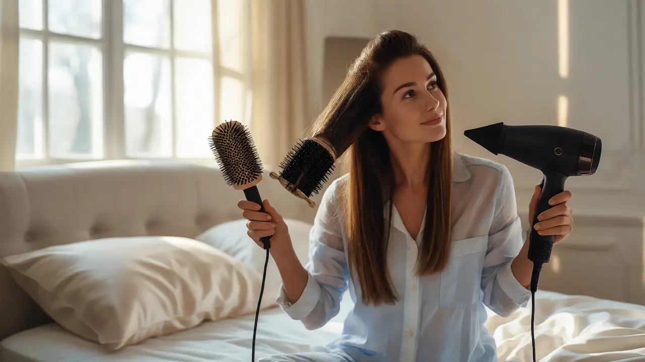 Woman blow-drying long straight hair with a round brush