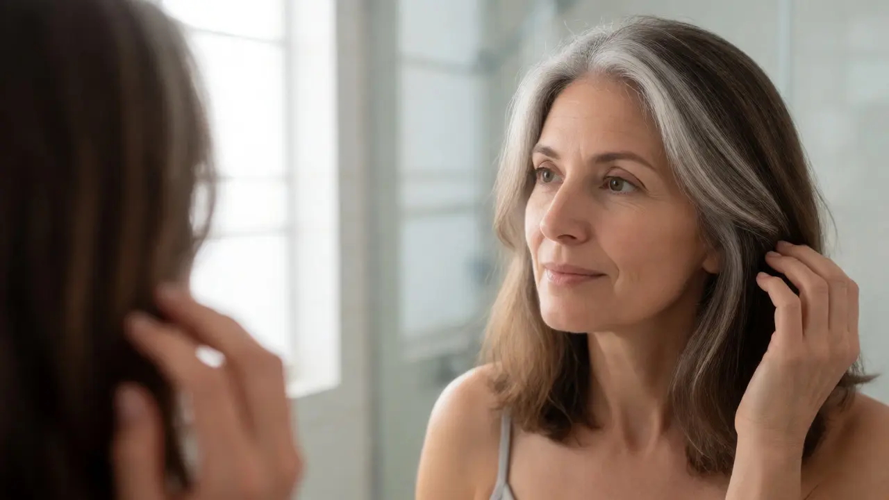 Woman examining gray hair coverage in a bright bathroom mirror