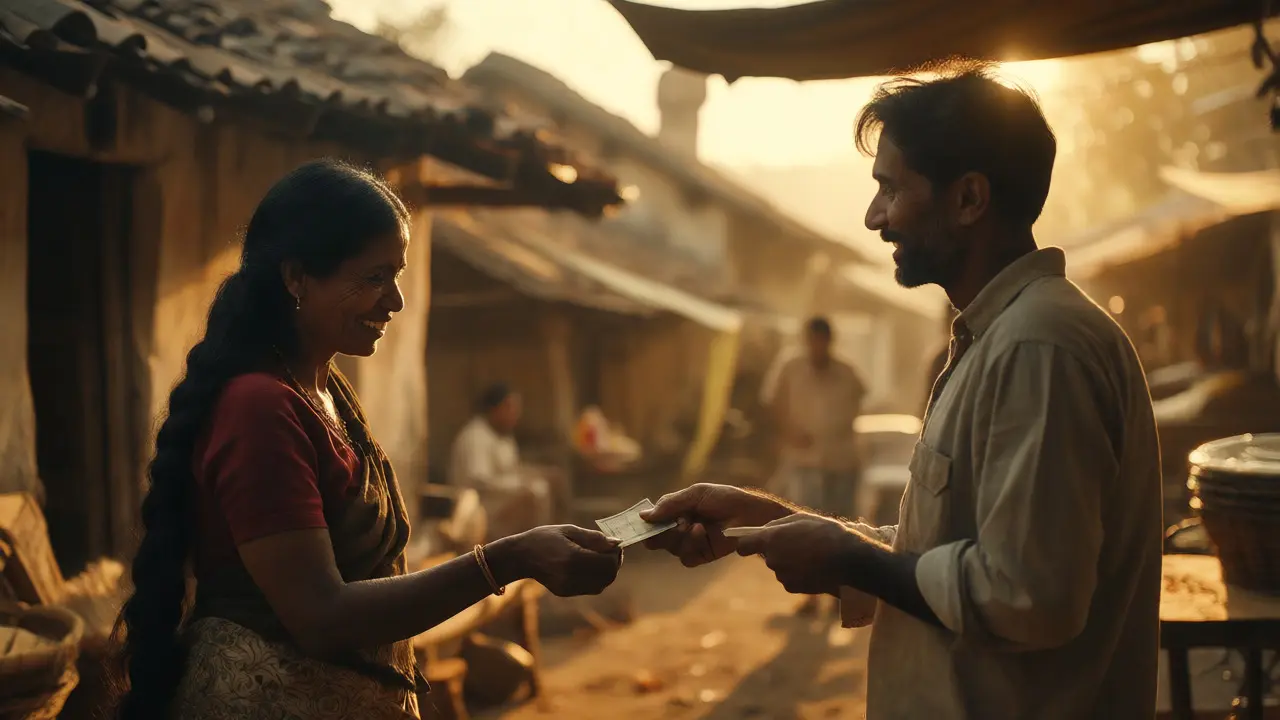 Woman receiving fair payment for her hair in a sunny village setting.