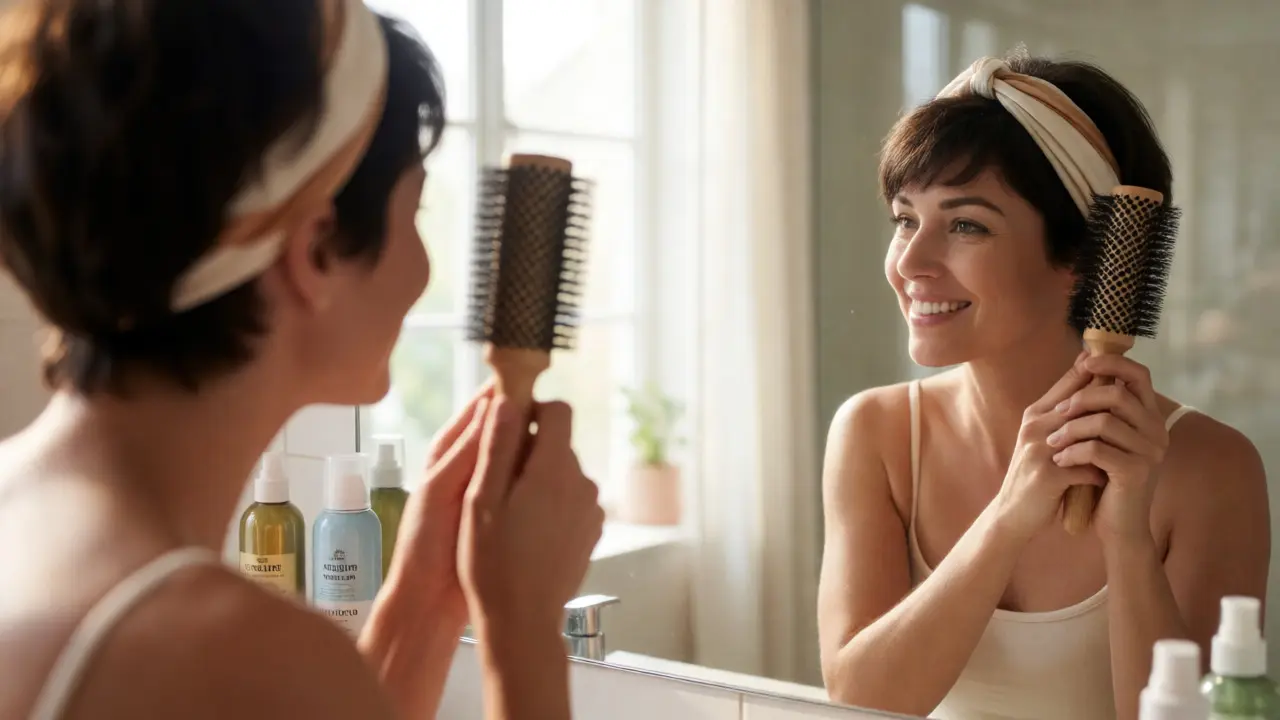 Woman smiling while styling short hair with headband