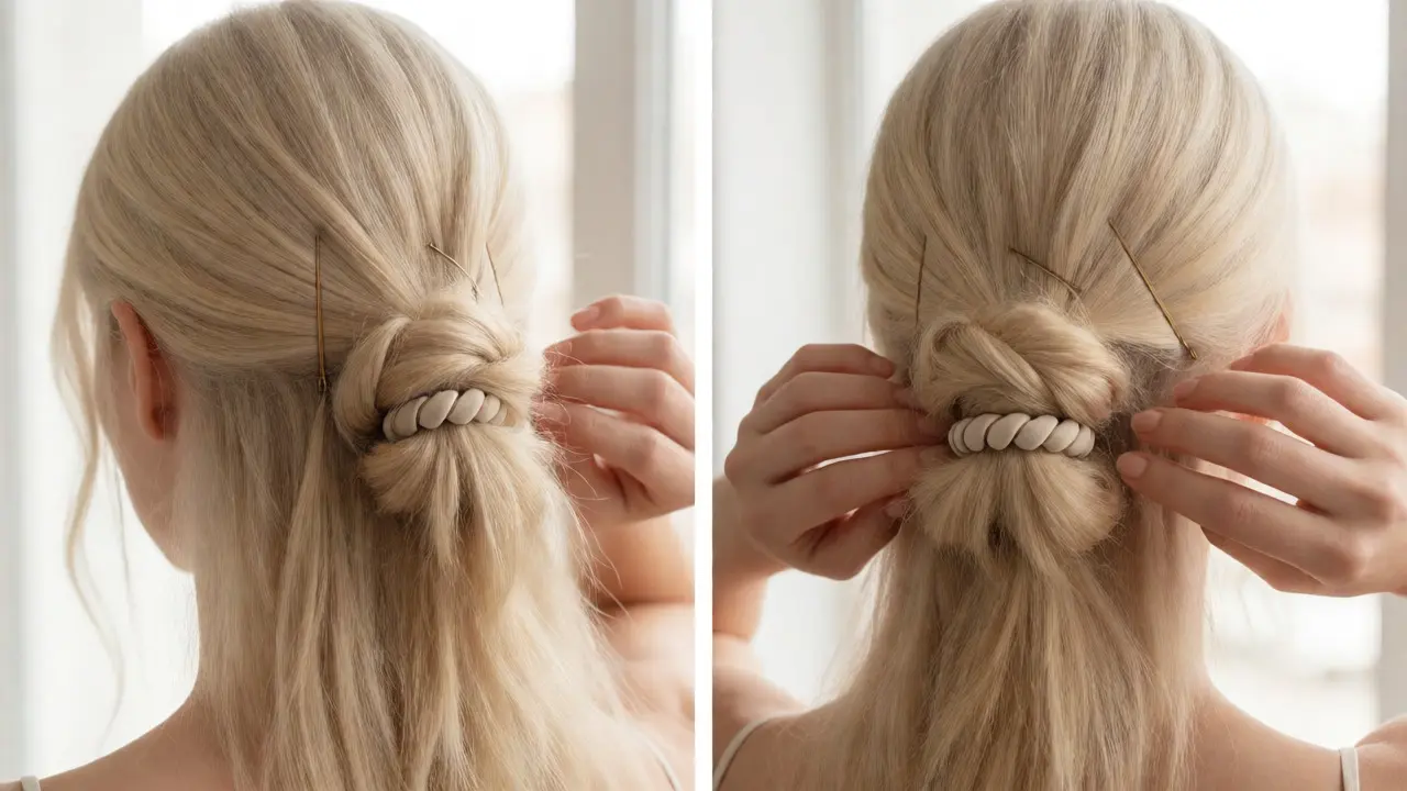 Woman styling a textured low bun with bobby pins on silky hair
