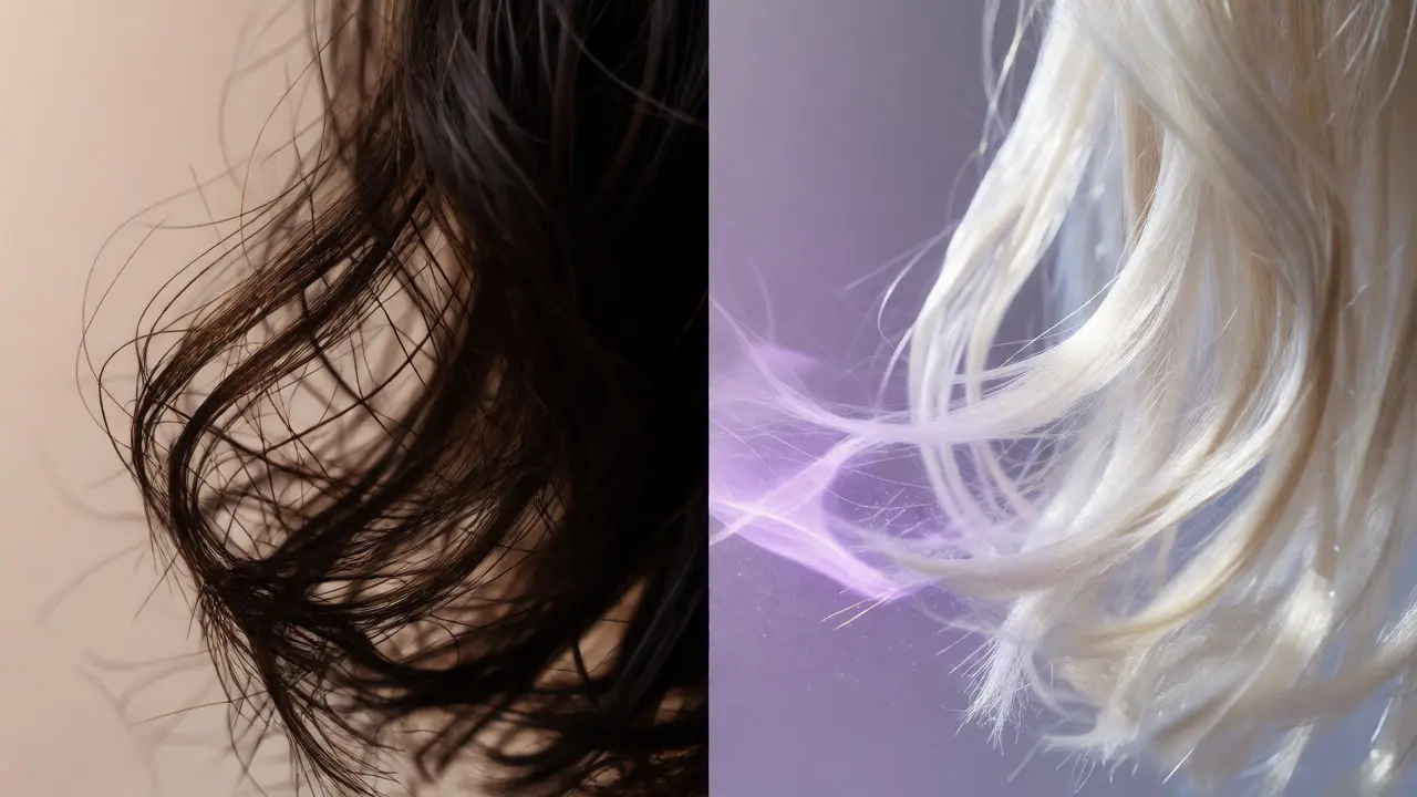 Artistic comparison of dark hair structure and bleached blond hair with toner.