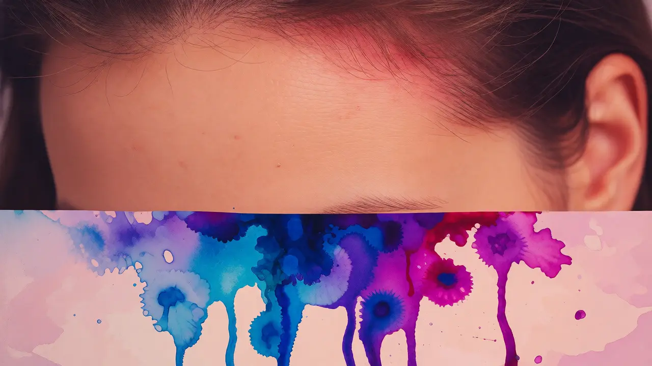 Artistic depiction of scalp irritation and dye staining fabric