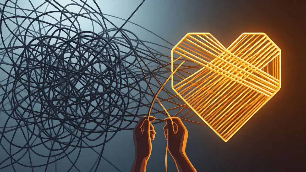 Artistic depiction of untangling chaotic thoughts into ethical alignment.