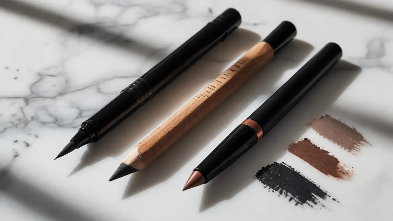 Assorted eyebrow pencils and color swatches on marble