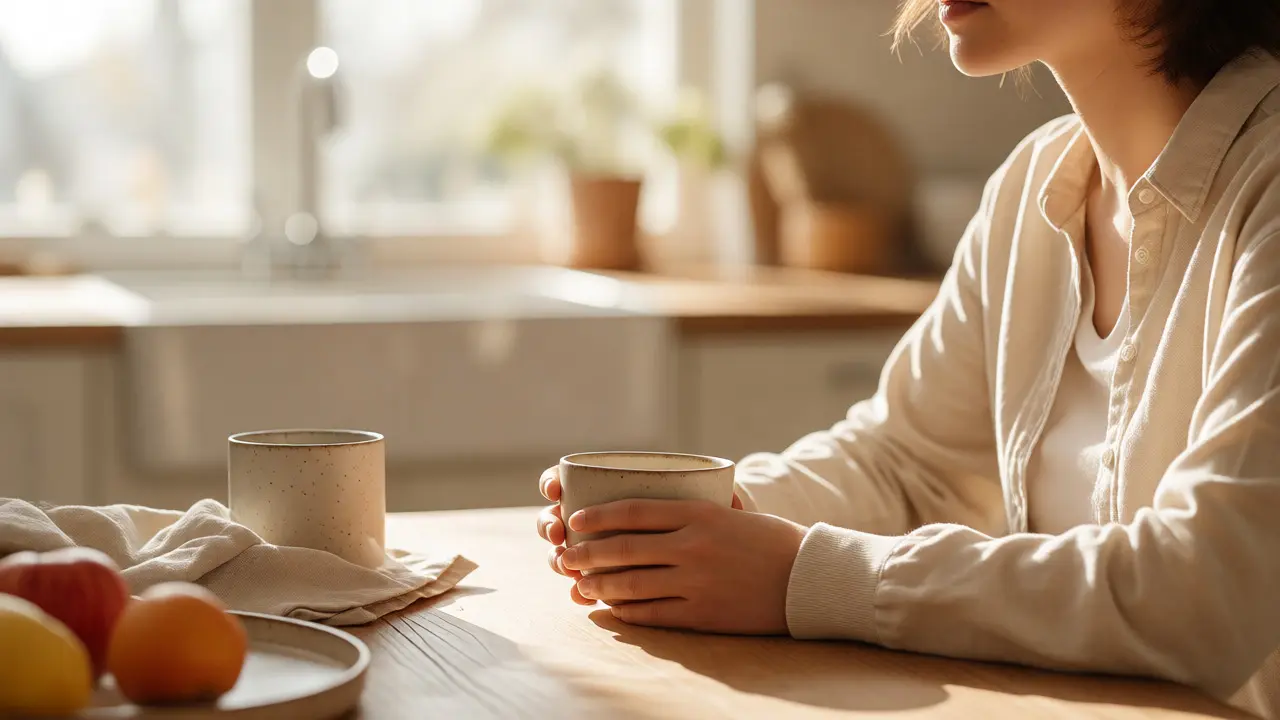 Calm person enjoying mindful tea break, embodying healthy boundaries.