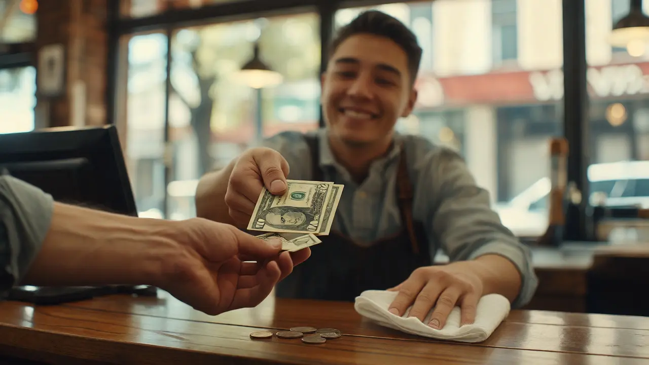 Cash payment and tip exchange at a barbershop counter