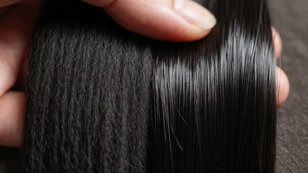 Close-up comparing the texture of real human hair versus synthetic fibers