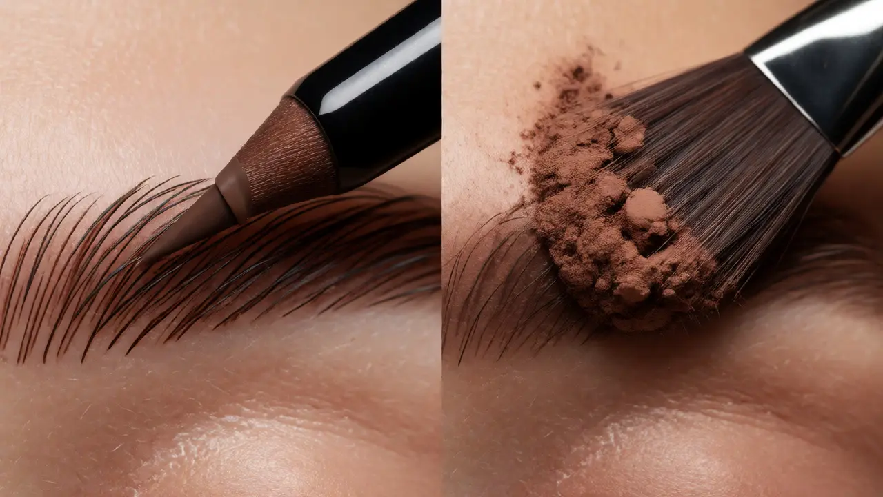 Close-up comparison of precise pencil strokes versus soft powder application on eyebrows