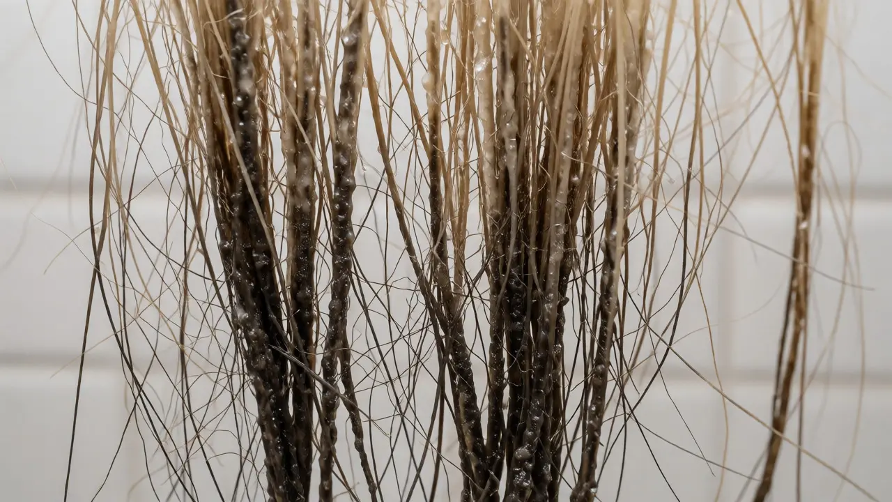 Close-up of dry, unevenly colored hair strands showing damage