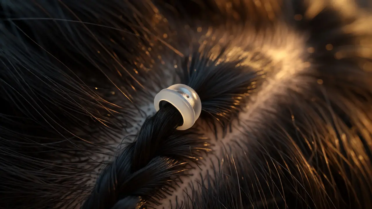 Close-up of micro-link beaded hair extension attachment