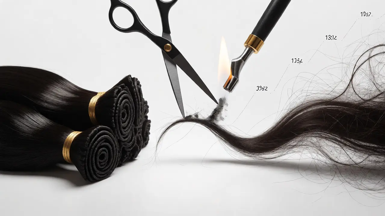 Conceptual art showing hair extension quality test and aging