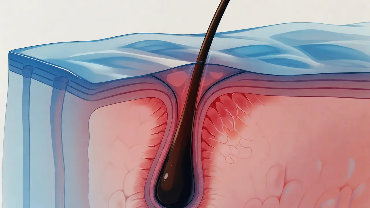 Conceptual illustration of a hair root being pulled from the skin dermis layer.