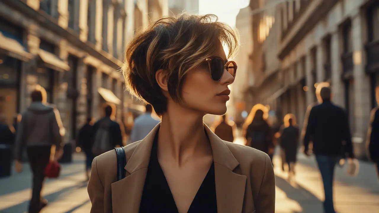 Confident woman with a textured pixie cut walking down a sunny city street.