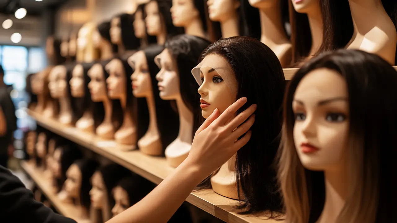Customer touching a premium wig on a mannequin head in a well-lit boutique.