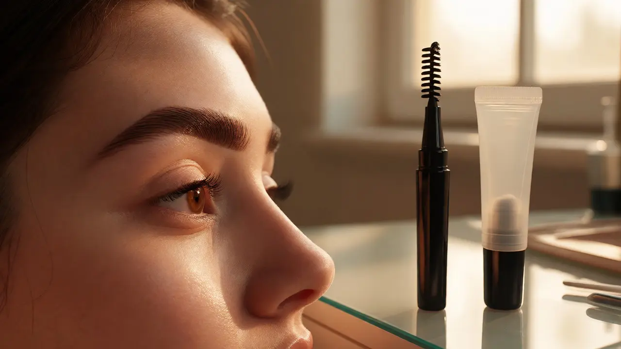 Defined eyebrows next to wax pen and setting gel