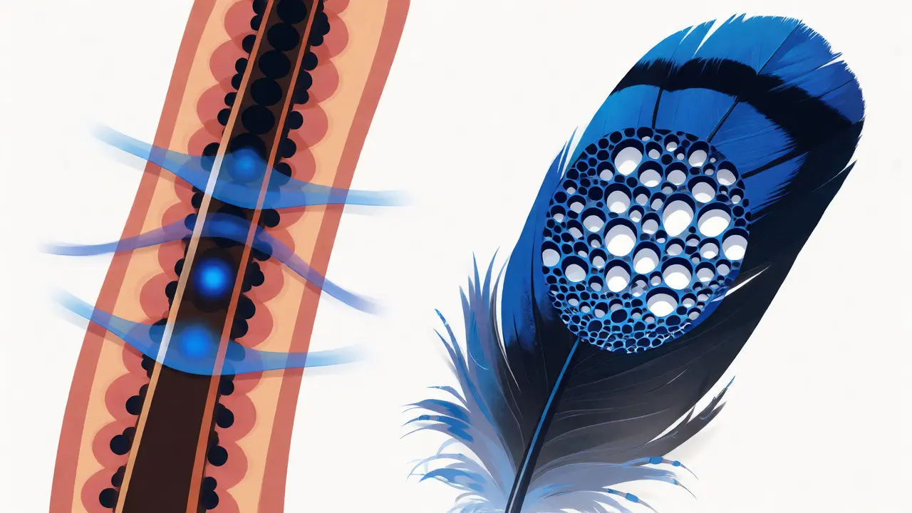 Diagram comparing human hair pigment absorption with bird feather structural coloration