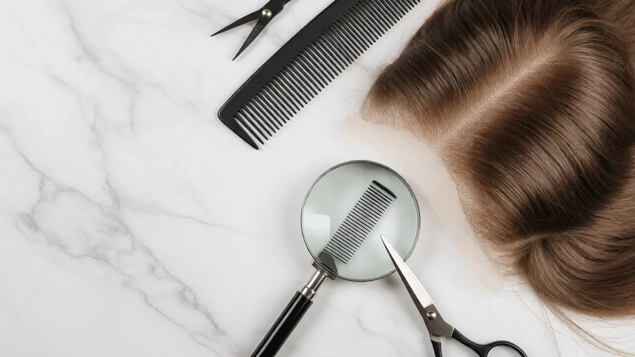 Flat lay of high-quality human hair wigs with combs and a magnifying glass.