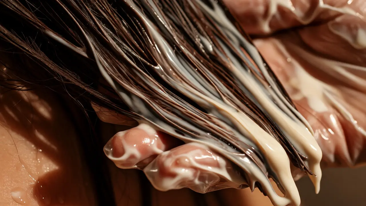 Gloved hand applying creamy brown hair dye to dark strands