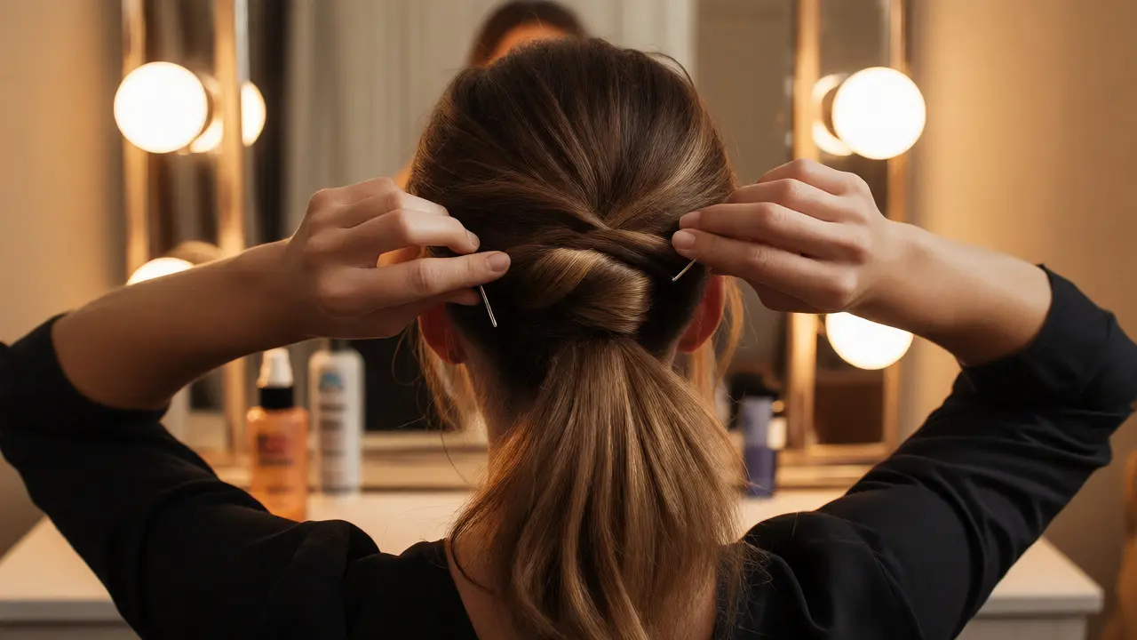 Hands twisting and pinning a voluminous low bun at the nape of the neck with U-shaped pins.