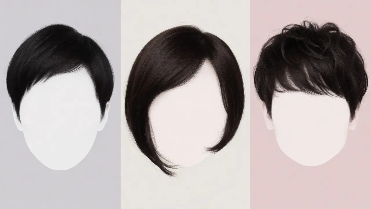 Illustration comparing pixie, bob, and crop styles on oval, round, and square faces.