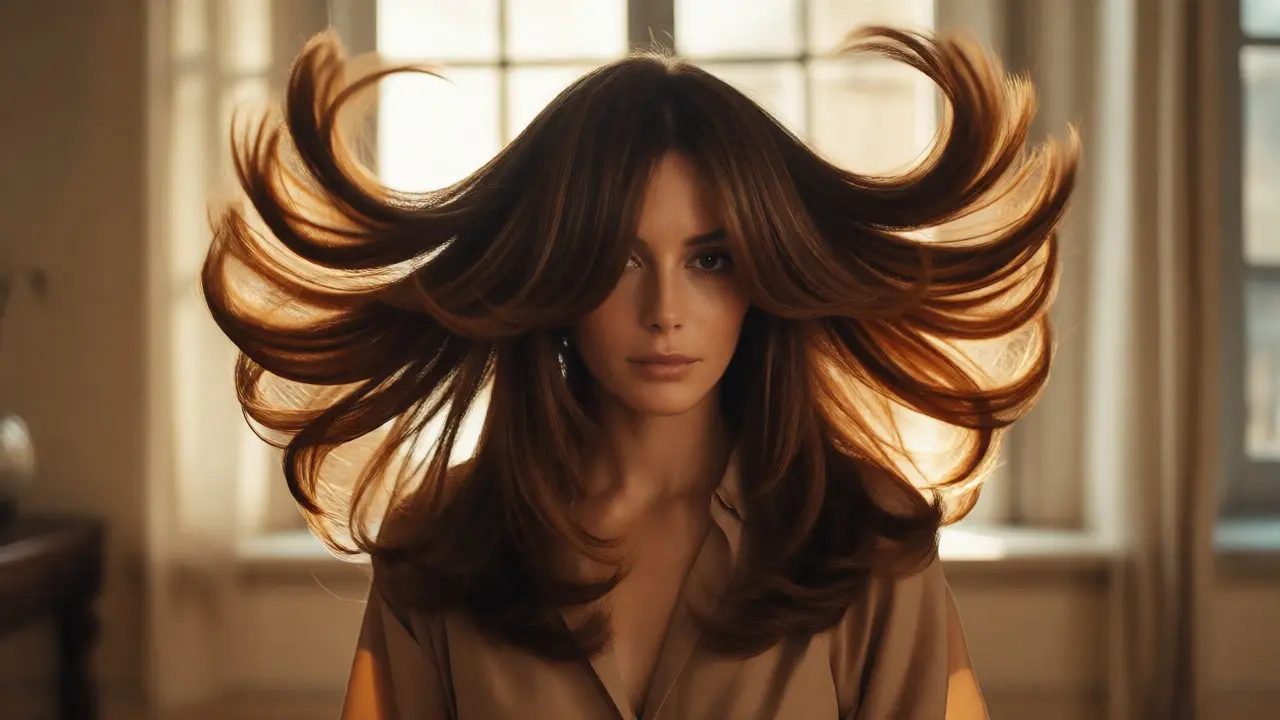 Model flipping hair to show voluminous butterfly cut with caramel highlights.