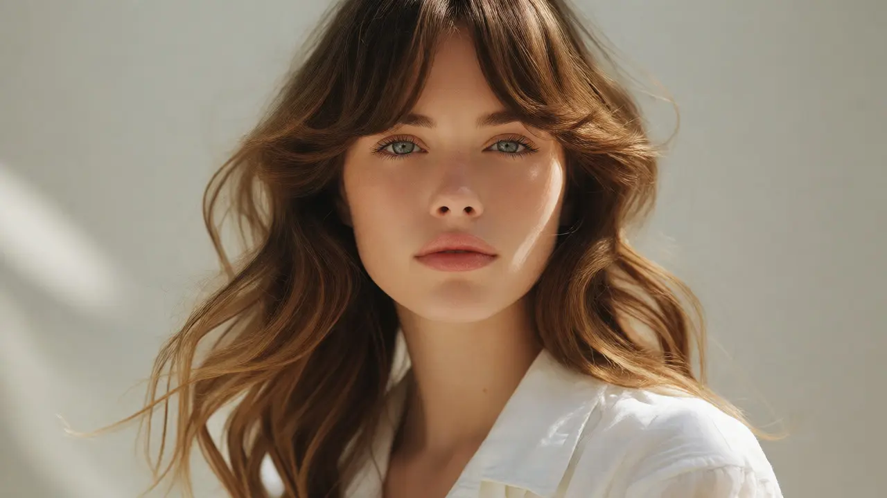 Model with round face wearing flattering curtain bangs framing cheeks