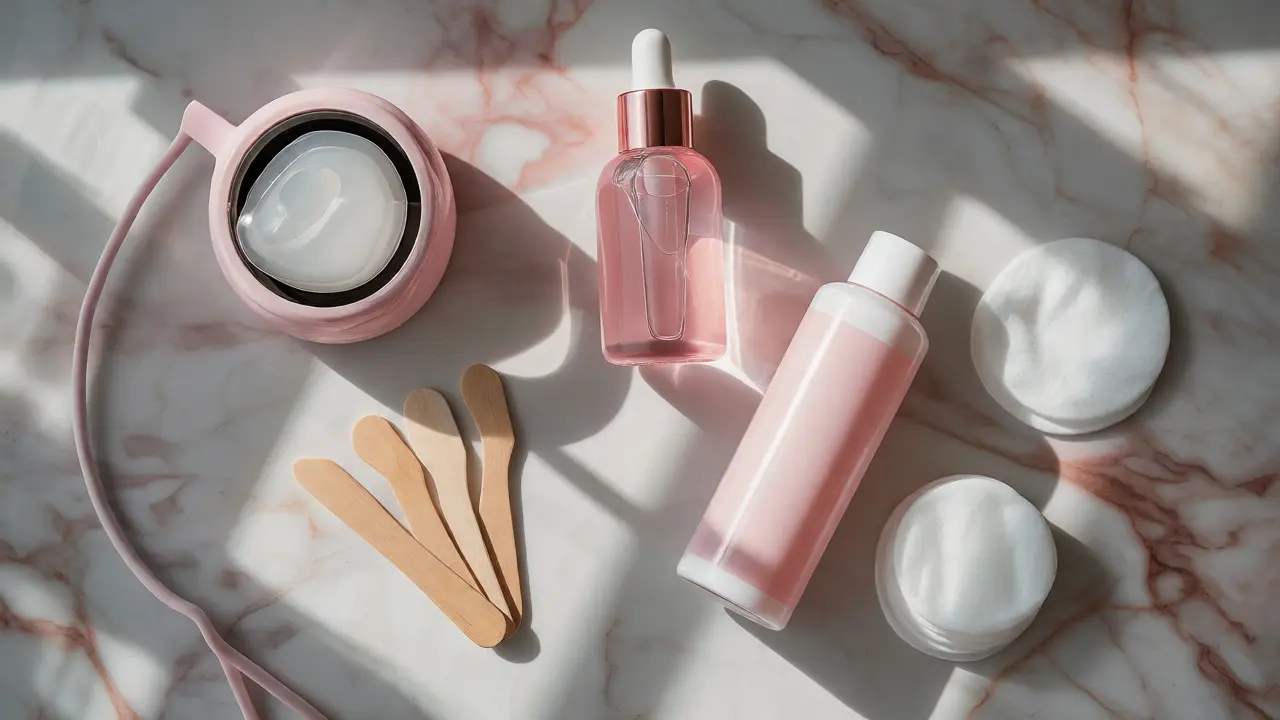 Organized eyebrow waxing kit on a marble surface
