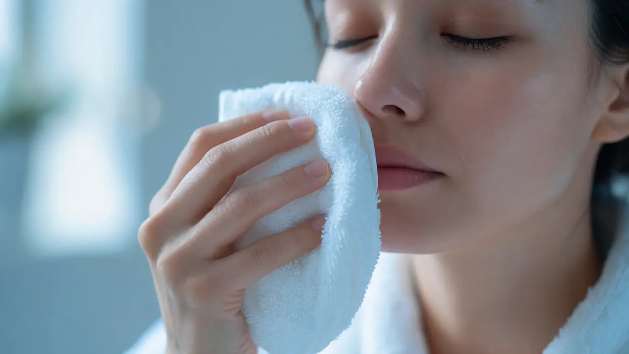 Person gently applying a cold ice pack to their upper lip to soothe irritation.