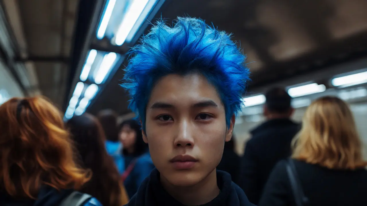 Person with electric blue dyed hair in a subway station surrounded by natural hair colors