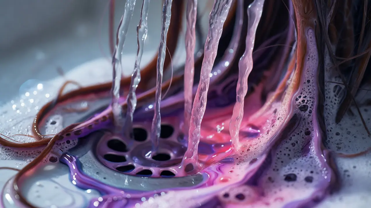 Pink and purple dye washing out of hair into a shower drain