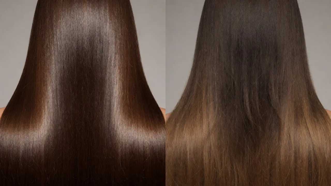 Portrait comparing shiny brunette hair with faded brassy ends