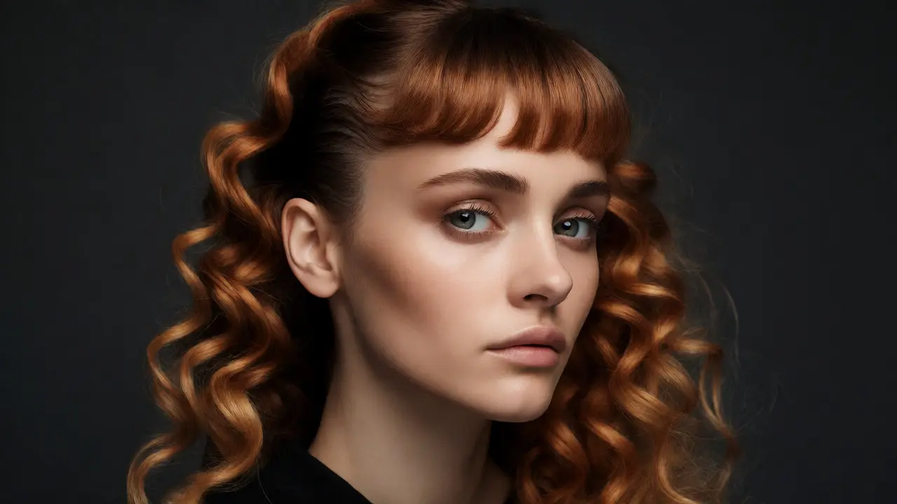 Portrait of a woman with micro-bangs and defined natural curls against dark background.