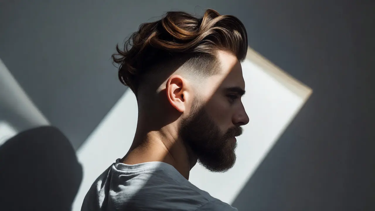Profile view of a man with a modern undercut and wavy top