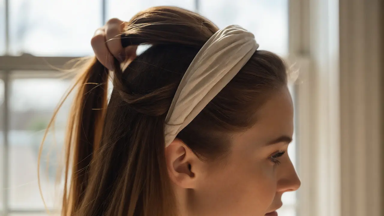 Profile view of a woman using a padded headband to create lift and hold fine hair in place.