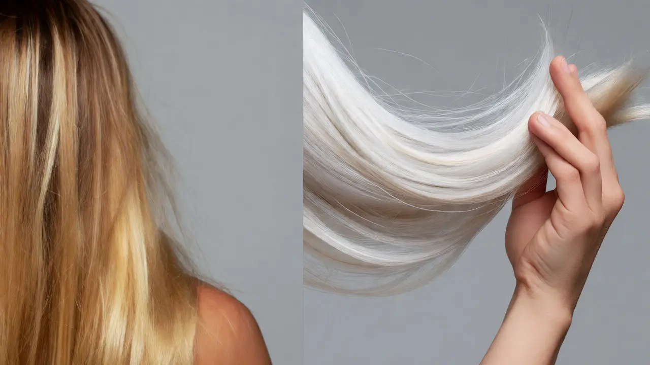Side-by-side comparison of brassy yellow hair and icy platinum blonde hair.