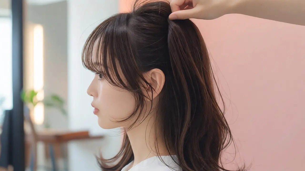 Side profile of woman with wispy bangs and long face-framing layers
