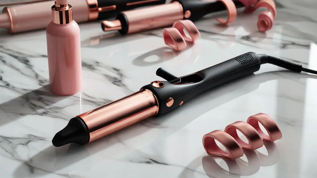 Sleek ceramic curling iron and texturizing spray on marble