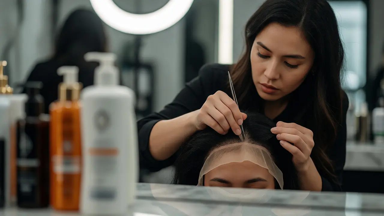 Stylist installing lace frontal weave in salon