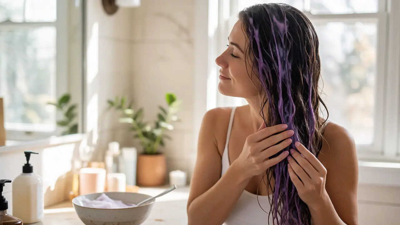 Woman applying purple toner conditioner to refresh hair color