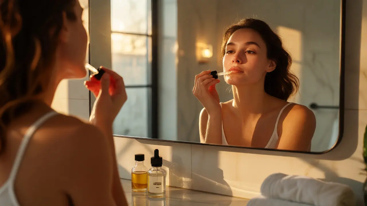 Woman applying soothing serum to her face during skincare routine
