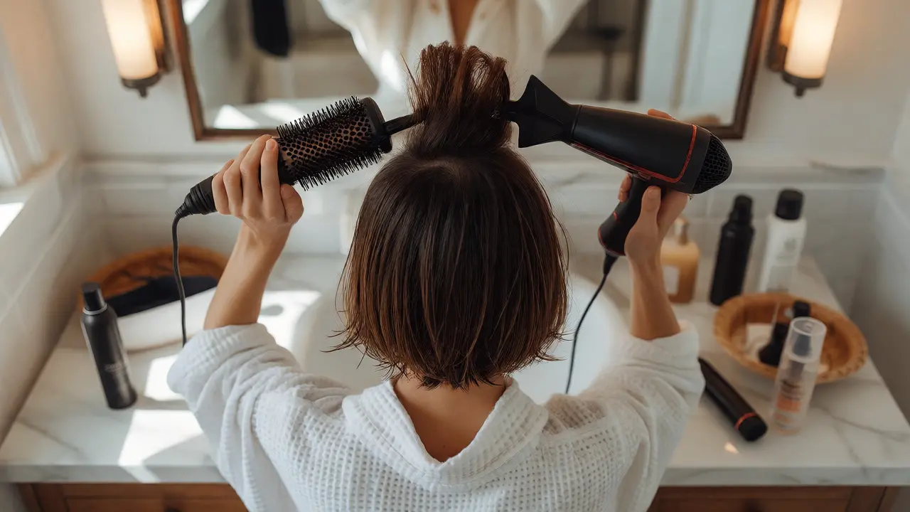 Woman blow-drying her short bob with a round brush to add volume in a bathroom.