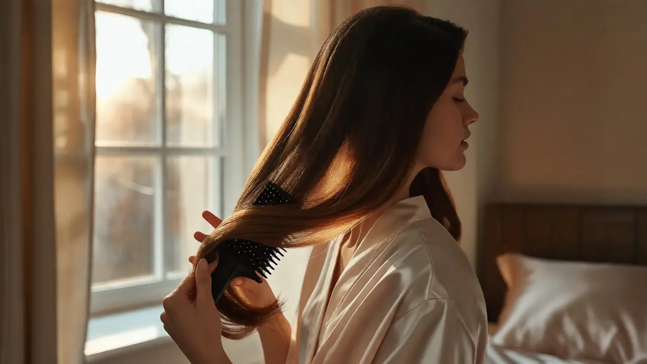 Woman brushing glossy, revived hair extensions with a loop brush in natural light.