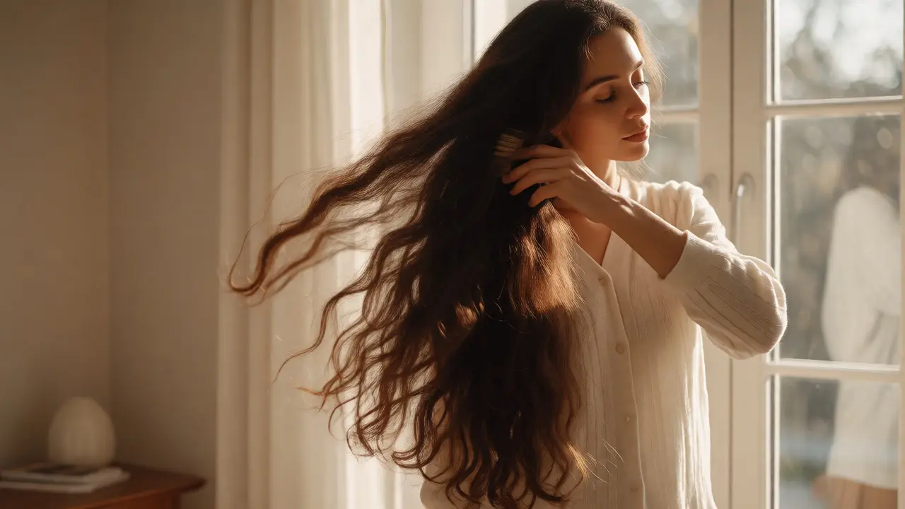 Woman confidently brushing long, blended hair extensions in morning light