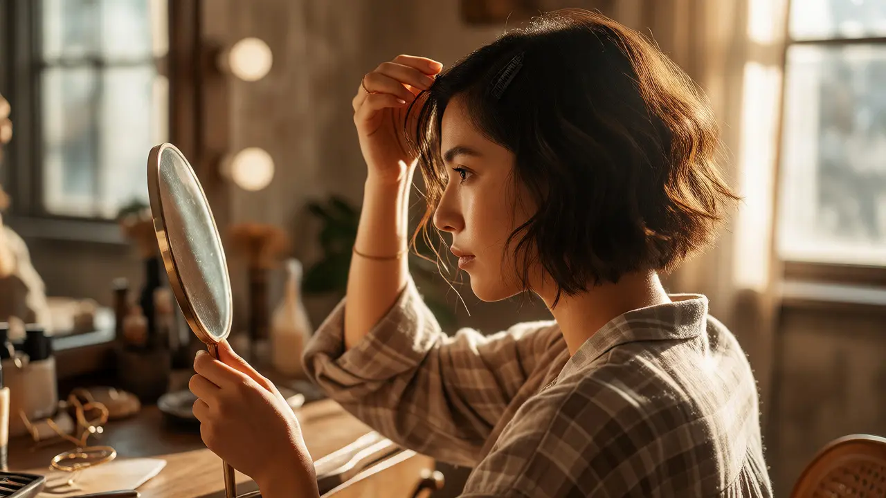 Woman testing clip-in extensions to visualize short hair before cutting.